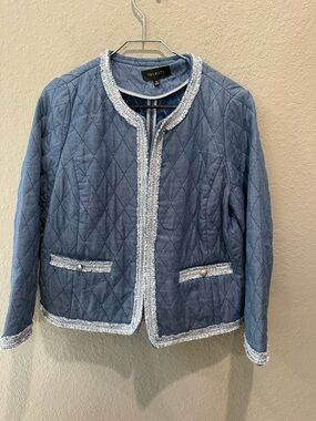 TALBOTS CHAMBRAY BLUE DENIM-LIKE QUILTED FRINGE TRIM JACKET COAT Sz 10